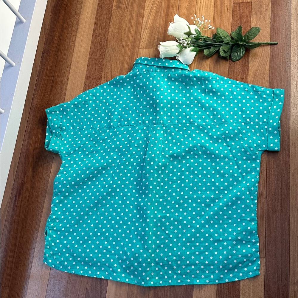 RACHEL Rachel Roy Turquoise Polka Dot Linen Shirt - Picture 3 of 8